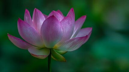 A pink lotus flower blooms in the green background, the petal texture is clearly visible, a delicate and elegant beauty of flowers