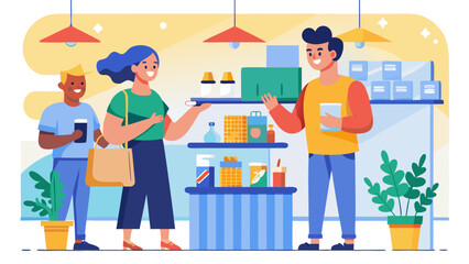 People in a store with shelves of products and hanging lights in a bright and colorful illustration