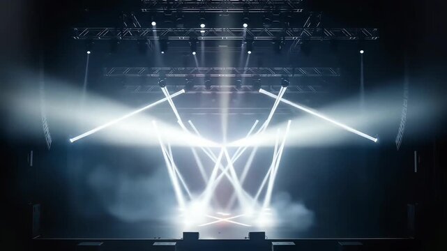 Spectacular stage lighting with bright beams and smoke illuminating an empty concert venue