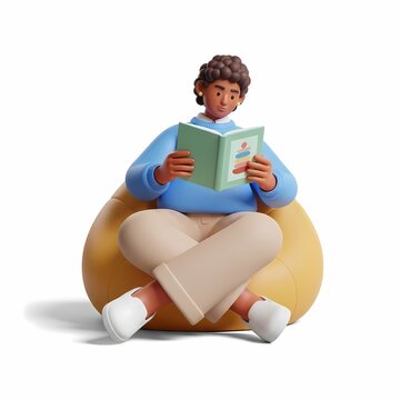 Cartoon woman reading a book while sitting cross-legged on a beanbag chair.