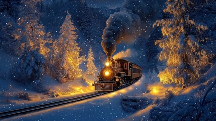Old steam locomotive driving at night through a dreamlike snowy forest at christmas time