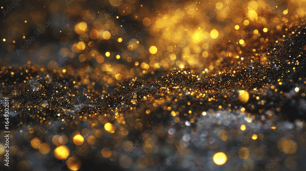 Poster a mesmerizing view of golden sparkles glowing on a dark surface, perfect for adding a touch of elega