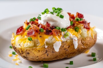 Loaded baked potato with sour cream on white