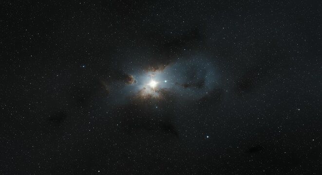 Bright star with blue reflection nebula brown dust clouds and diffraction spikes in deep space astrophotography celestial phenomenon