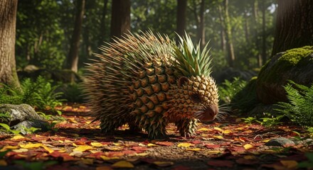 Whimsical Food Animal Concept Pineapple porcupine in a colorful forest landscape image for commercial use