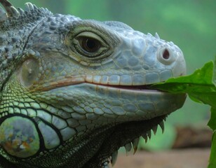 Fototapeta premium Close-up of an iguana eating a leaf