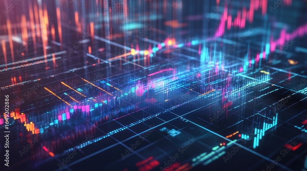 Poster a dynamic digital chart showcasing vibrant data trends, perfect for illustrating modern finance and 