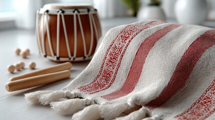 A traditional subset drum with wooden sticks and decorative cloth highlights its intricate design and cultural importance