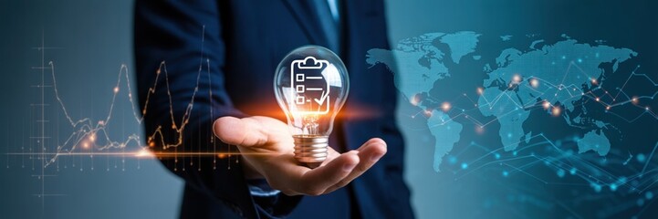 Businessman Holding an Idea Light Bulb, global business strategy, planning and success.