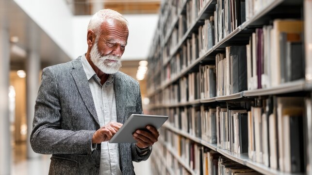An elderly man uses a tablet while standing in front of a library shelf filled with books, showcasing a blend of tradition and technology.