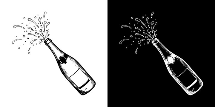 Champagne bottle with sparkling wine cork popping, isolated vector image, two design options on transparent and black backgrounds, pencil drawing, chalk drawing
