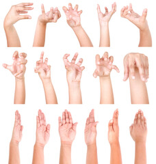 Multiple Boy hand gestures isolated over the white background, set of multiple images