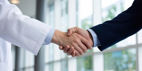 Business and Medical Partnership, professional handshake and collaboration, healthcare agreement.