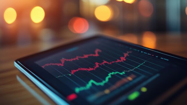 Close-up of a digital tablet displaying financial market trends with colorful graphs, symbolizing investment and technology.