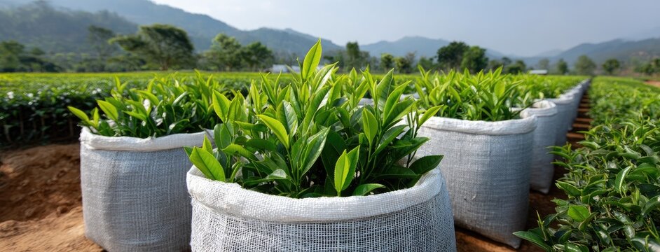 A sack filled with tea leaves rests on rough terrain, overlooking lush green hills and terraced plantations under a cloudy sky