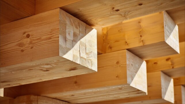 Stunning photo of cross-laminated timber panels. Renewable wood material for construction, architecture. Sustainable building, modern composite exterior system. Lightweight.