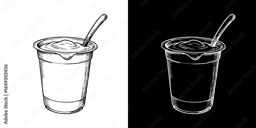 Poster isolated vector image of a open yogurt cup with spoon and blank label, two design options on transpa
