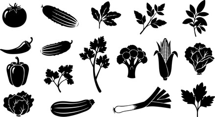 Black and White Silhouette Vector Illustration of Fresh Vegetables and Herbs Variety