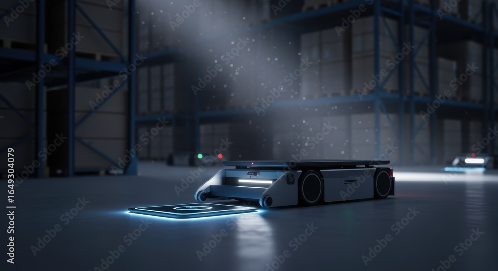 Poster wide frame of autonomous tug operating in dimly lit warehouse placing wireless charger pad seamlessl