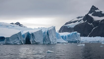 Icebergs and mountains in antarctica landscape under a cloudy sky with reflections on the water surface