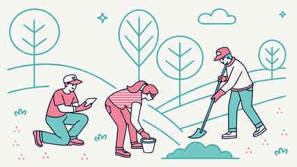 People working together in a park planting trees and gardening