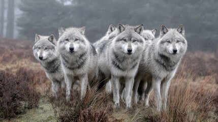 Fototapeta premium A pack of wolves stand together in a misty forest, looking directly at the viewer