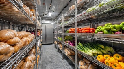 Stunning photo of walk-in industrial refrigerator with rows of neatly arranged produce and bread, clean and organized, stainless steel shelving, large-scale food storage.