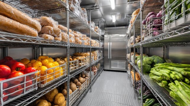 Stunning photo of walk-in industrial refrigerator with rows of neatly arranged produce and bread, clean and organized, stainless steel shelving, large-scale food storage.