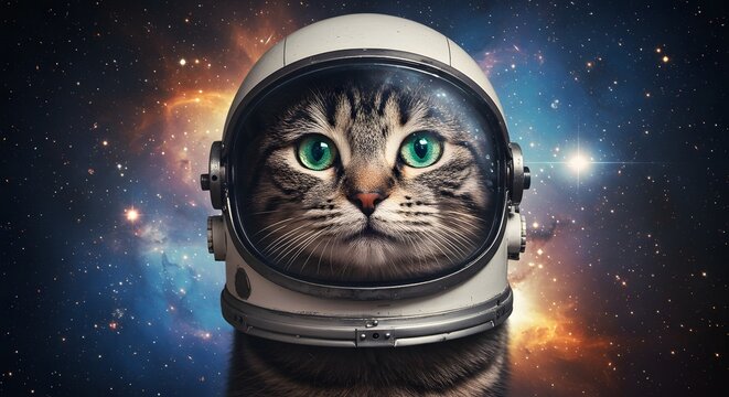 Adorable space cat explorer in a helmet against a vibrant nebula background.