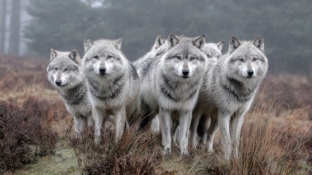 A pack of wolves stand together in a misty forest, looking directly at the viewer