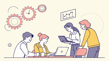 Diverse team collaborating on a project with laptops and charts