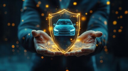 A business person holds a holographic car shield- symbolizing automotive security and innovation