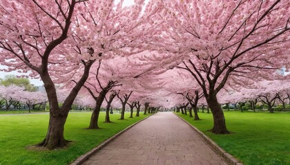 Obraz premium A path lined with cherry blossom trees in full bloom creating a beautiful canopy overhead view from ground