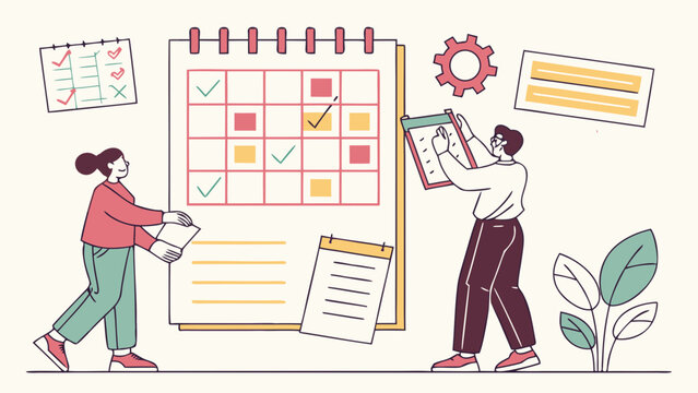 Team members planning and organizing tasks on a large calendar