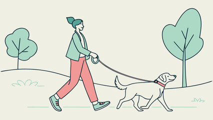 Woman walking her dog in a park with trees