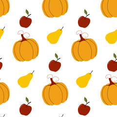 Design featuring colorful pumpkins, apples, and pears arranged in a lively pattern against a white background