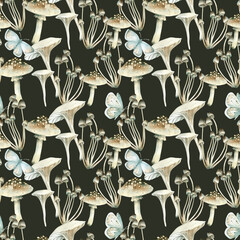 Mushroom autumn seamless pattern painted with watercolor. Ornament with toadstools and white fly agarics. Template for design of fabrics, labels and wrapping paper