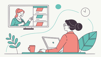 Woman learning online from a virtual teacher on her laptop