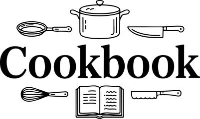 Classic Cookbook Illustration with Kitchen Utensils and Bold Typography for Culinary Projects