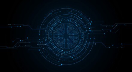 Advanced circular holographic AI brain interface with concentric rings and circuit pathways on dark technology background for artificial intelligence concepts