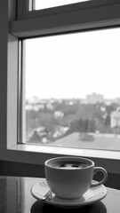 Obraz premium Coffee cup by window urban view