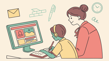 Teacher helping student with online learning and computer work