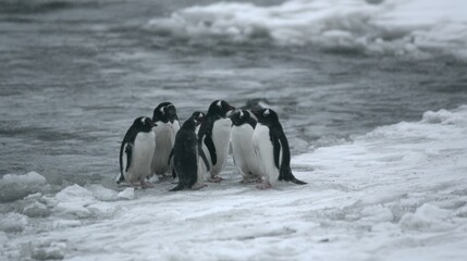 Obraz premium Group of penguins huddled together on a snowy and icy shore