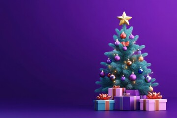 3D rendering illustration of a Christmas tree with gift boxes and decorative balls on a purple background. New Year- Christmas- holiday concept design
