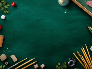 close up of an empty blank school green chalkboard education supplies desk auditorium back to school