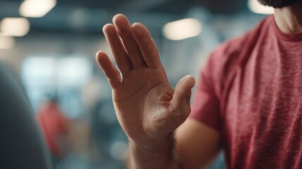Close up view of a sportsman making a stop sign with his hand in a gym, signaling a clear refusal or denial, embodying the concept of setting personal boundaries and limits