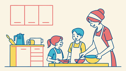 Mother and children baking together in the kitchen