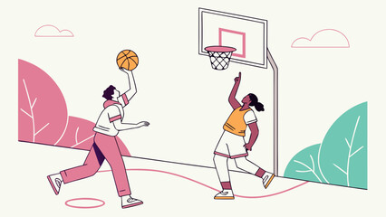 Two people playing basketball on an outdoor court with stylized trees and clouds