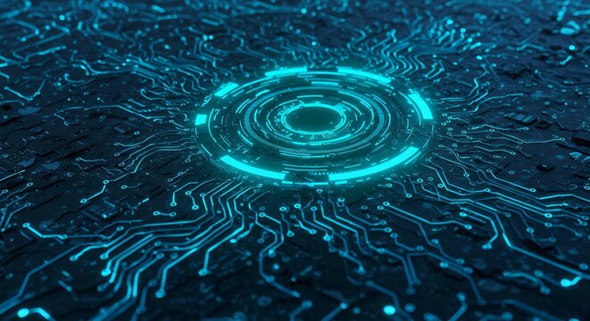 Futuristic cyan holographic HUD interface with concentric circles on circuit board representing artificial intelligence technology and digital transformation