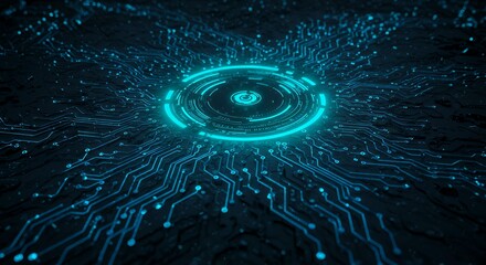 Futuristic holographic circular interface with glowing cyan rings and segmented data display on digital circuit board for advanced technology concepts